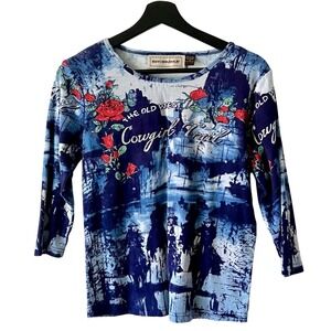 Bit & Bridle Women's Blue Graphic Shirt Size S 3/4 Sleeve Old West Cowgirl Horse